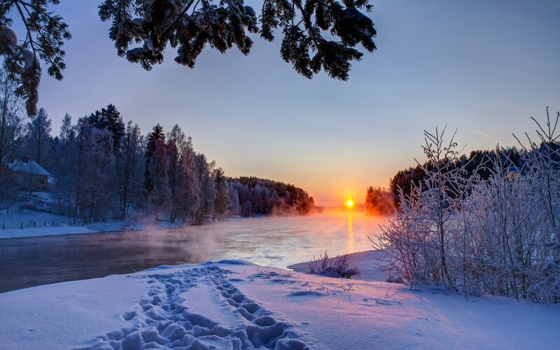 Frost-covered River at Sunrise — Blue, Serene