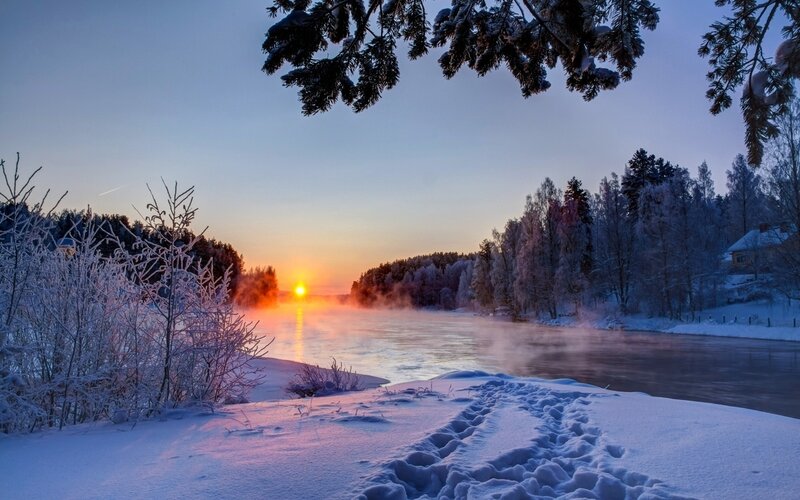 Frost-covered River at Sunrise — Blue