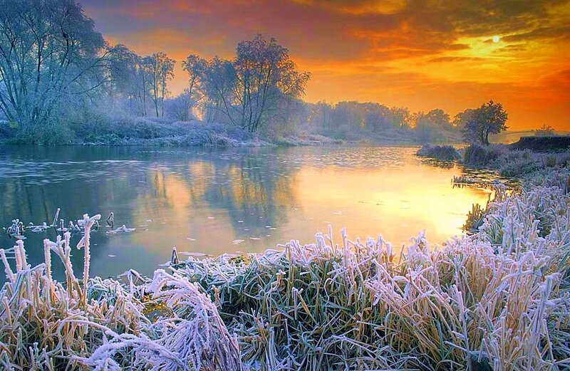 Frost-covered River at Sunrise — Orange