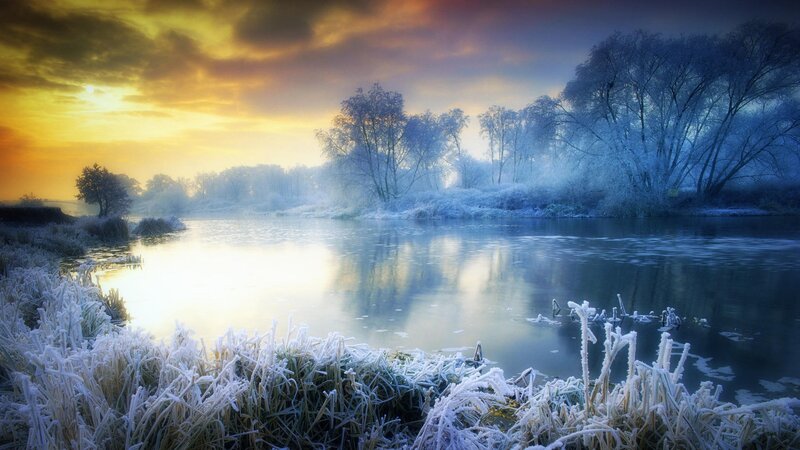 Frost-covered River Landscape — Yellow, Serene