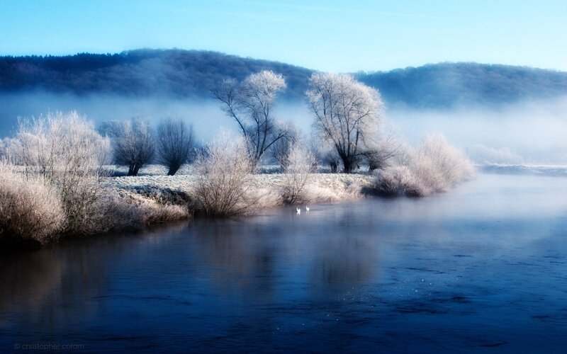 Frost-covered Riverbank — Blue, Serene, Morning, Photograph, River, Trees