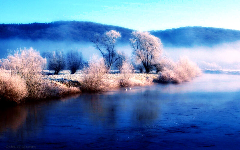 Frost-covered Riverbank — Blue, Serene