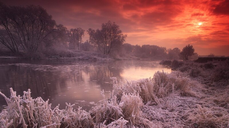 Frost-covered Riverbank — Red, Dramatic, Sunrise