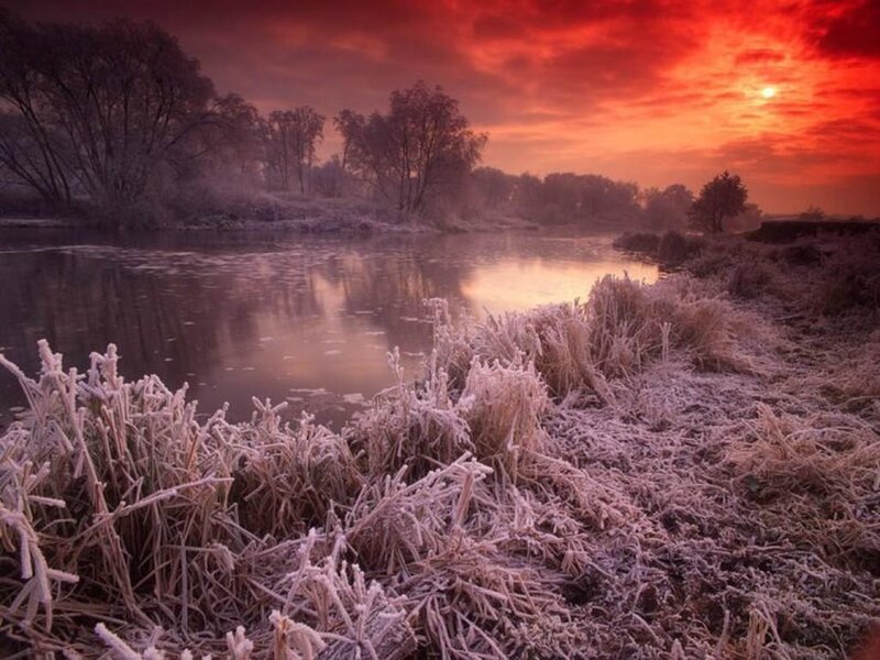 Frost-covered Riverbank — Red, Dramatic, Sunset