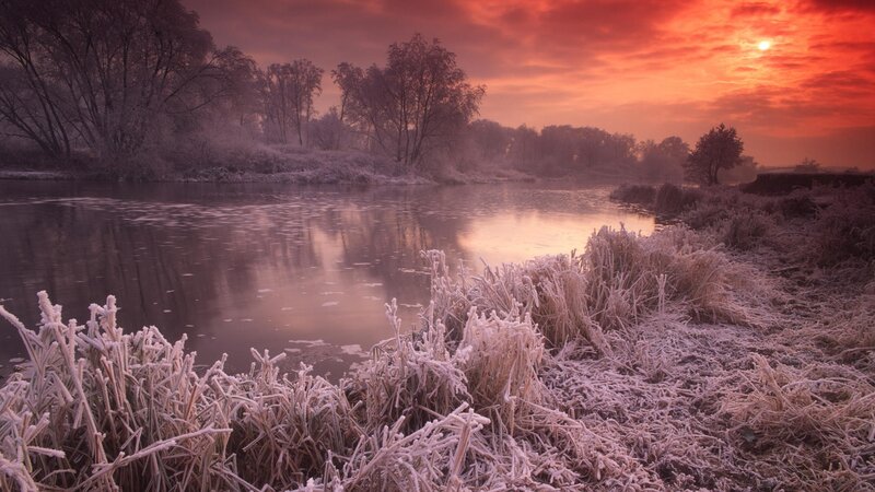 Frost-covered Riverbank — Red, Serene, Sunset