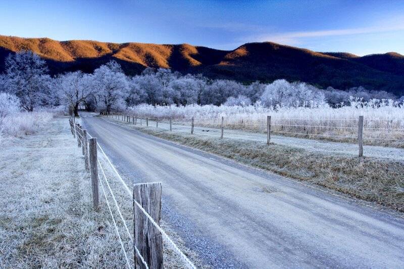 Frost-covered Road — Blue, Serene, Winter, Photograph, Mountains, Trees