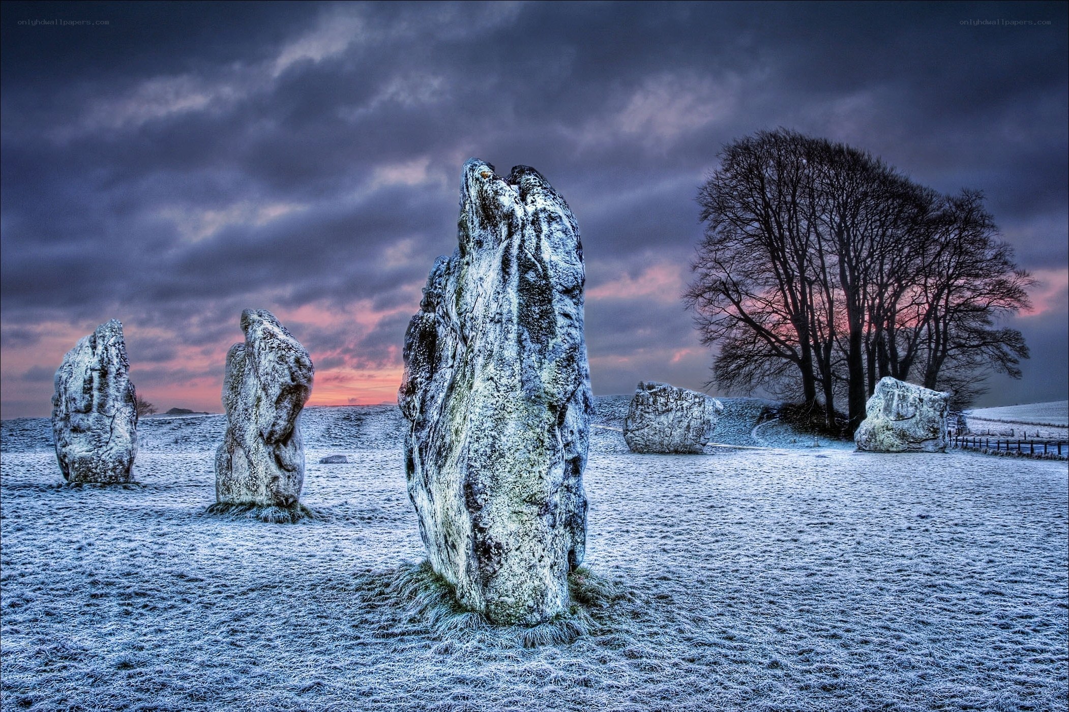 Frost-covered standing stones at dusk