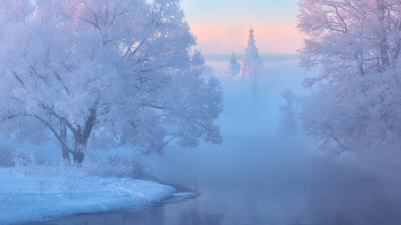 Frost-covered Trees and River — Blue