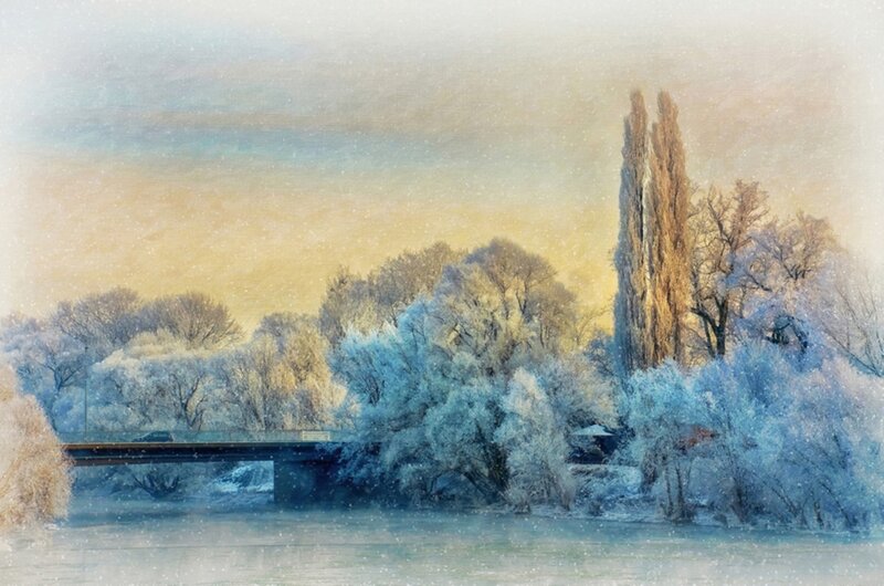 Frost-covered Trees by River — Blue, Serene, Winter, Painting