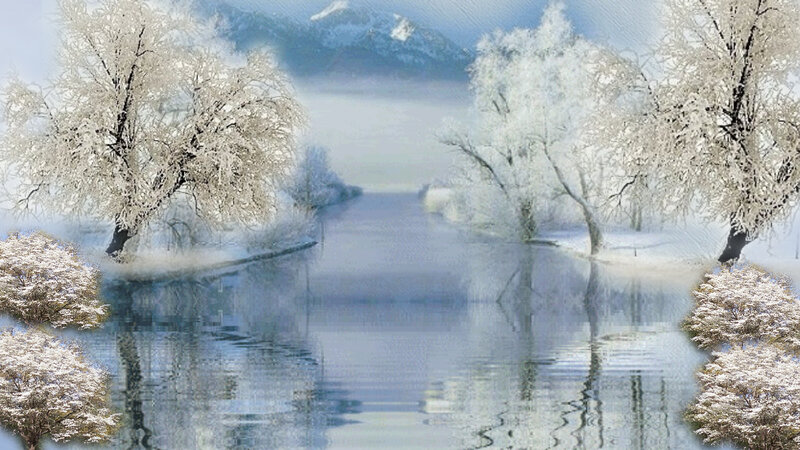 Frost-covered Trees by River — White, Serene, Winter, Digital Art
