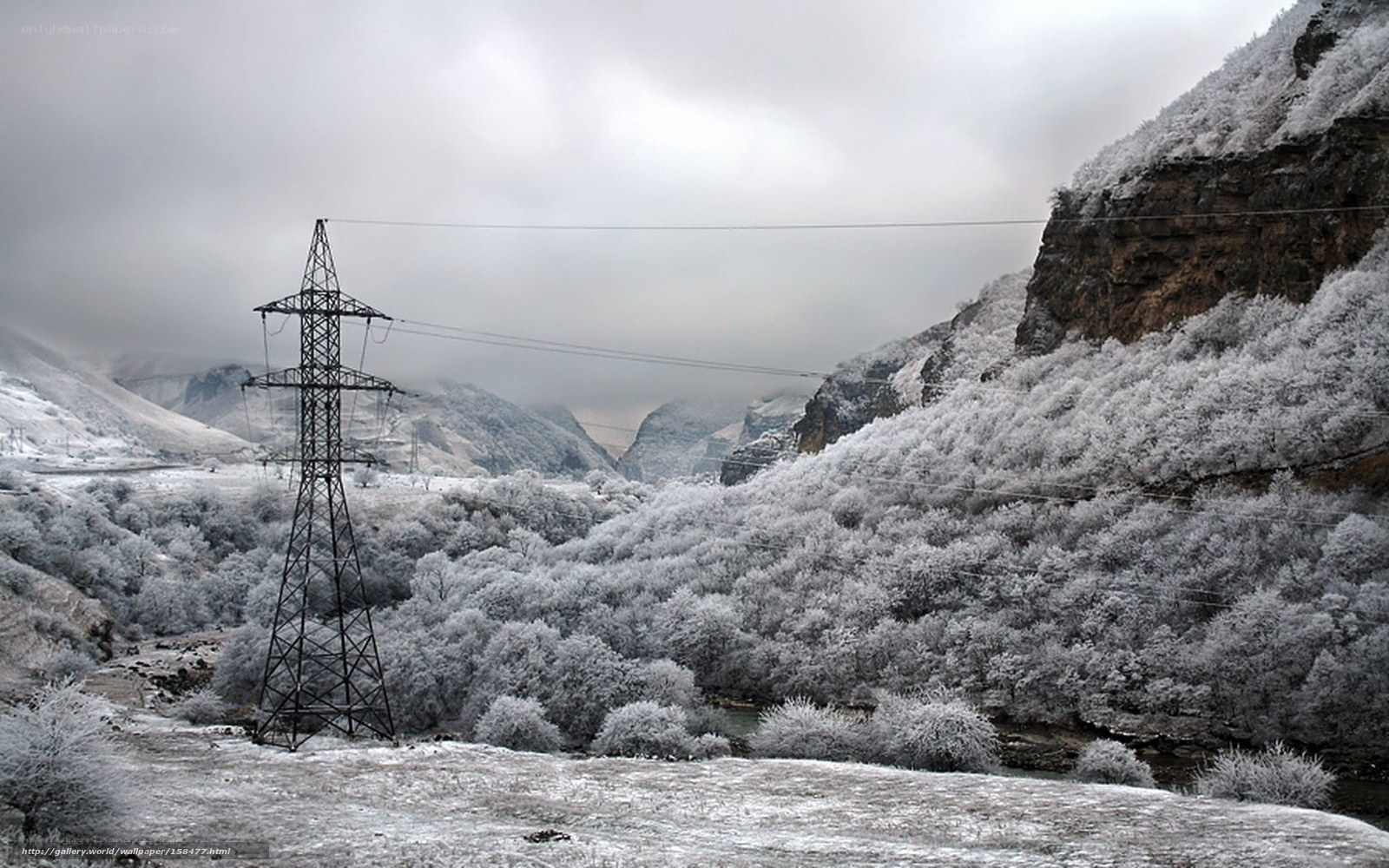 Frost-covered valley with power lines