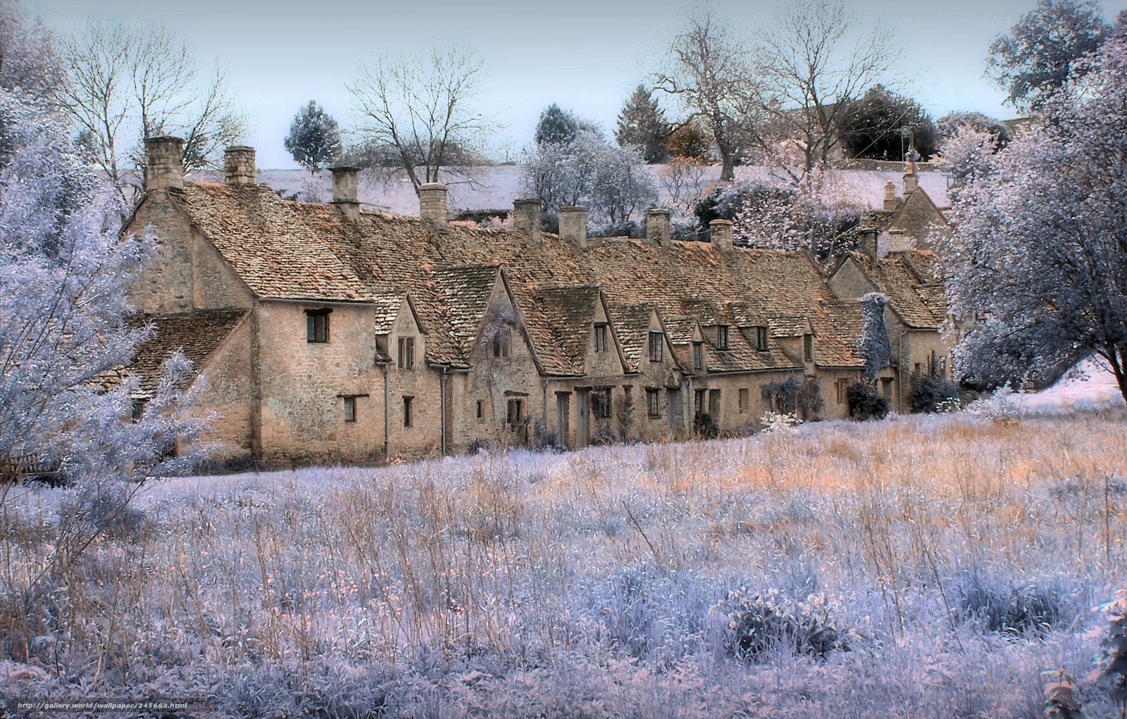 Frost-covered village in winter