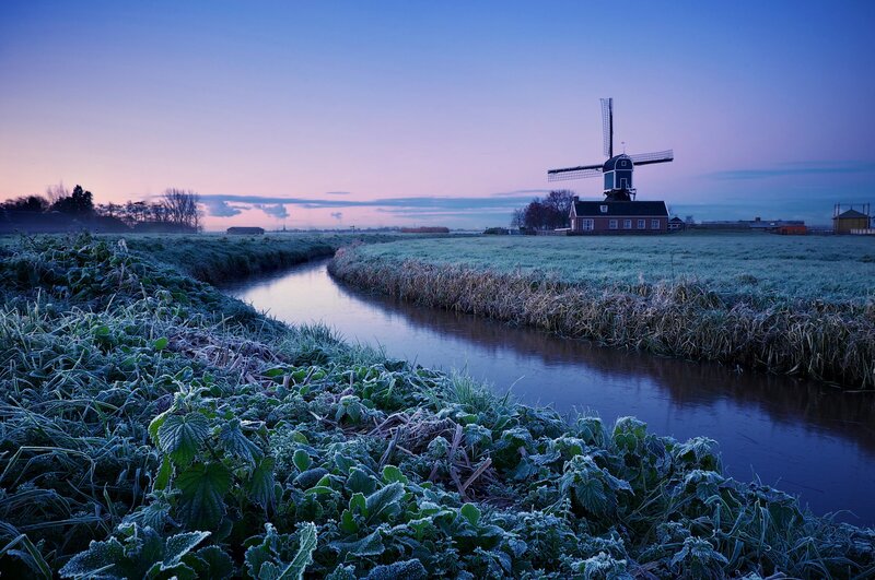 Frost-covered Windmill — Blue, Serene, Morning