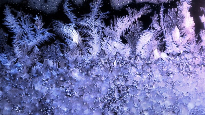 Frost Patterns on Glass — Blue, Cold, Night, Photograph, Ice Crystals