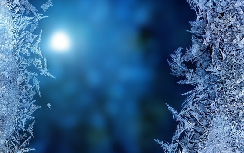 Frost Patterns on Glass — Blue, Cold, Night, Photograph, Moon, Ice Crystals