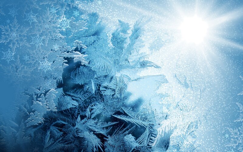Frost Patterns on Glass — Blue, Cold, Winter, Digital Art, Snowflakes, Sunlight