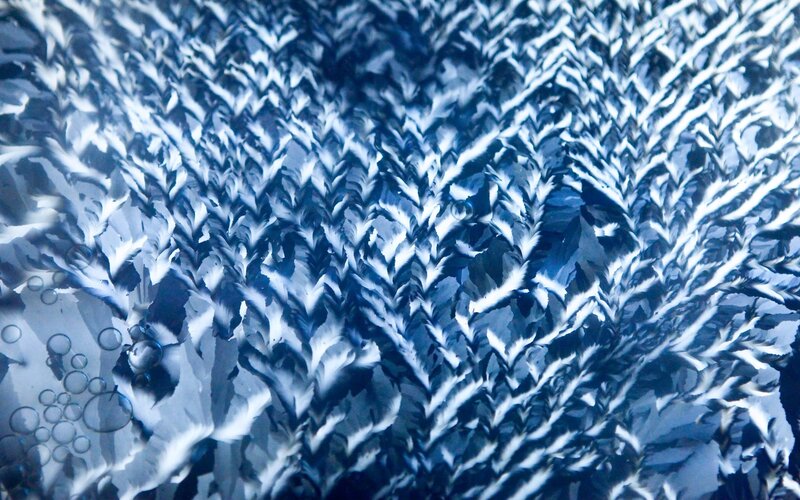 Frost Patterns on Glass — Blue, Cold, Winter, Photograph, Bubbles