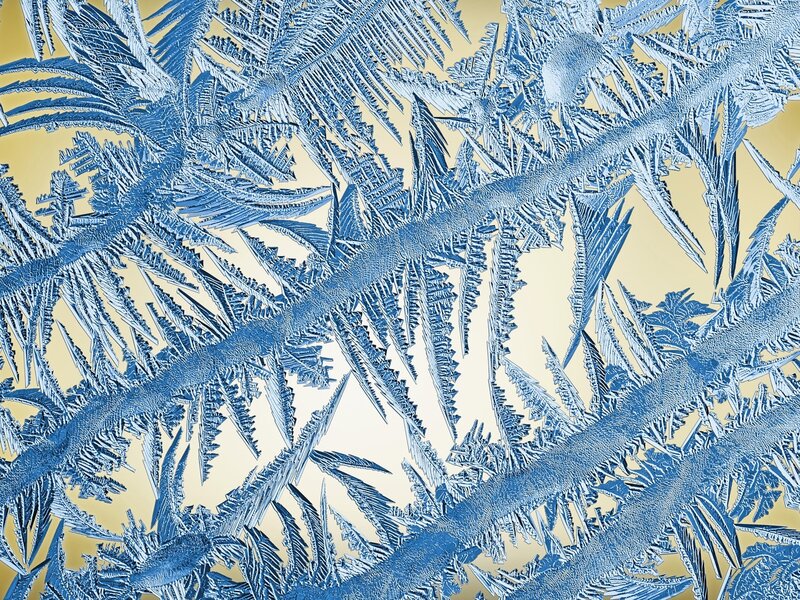 Frost Patterns on Glass — Blue, Cold, Winter, Photograph, Ice Crystals, Gold