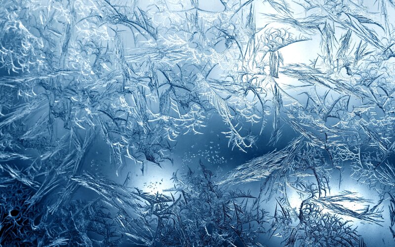 Frost Patterns on Glass — Blue, Cold, Winter, Photograph, Ice Crystals, Window, Light