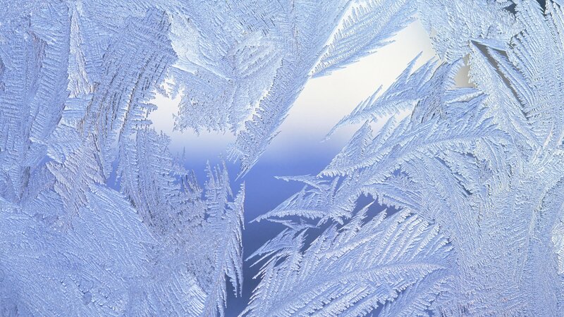 Frost Patterns on Glass — Blue, Cold, Winter, Photograph, Ice Crystals, Window