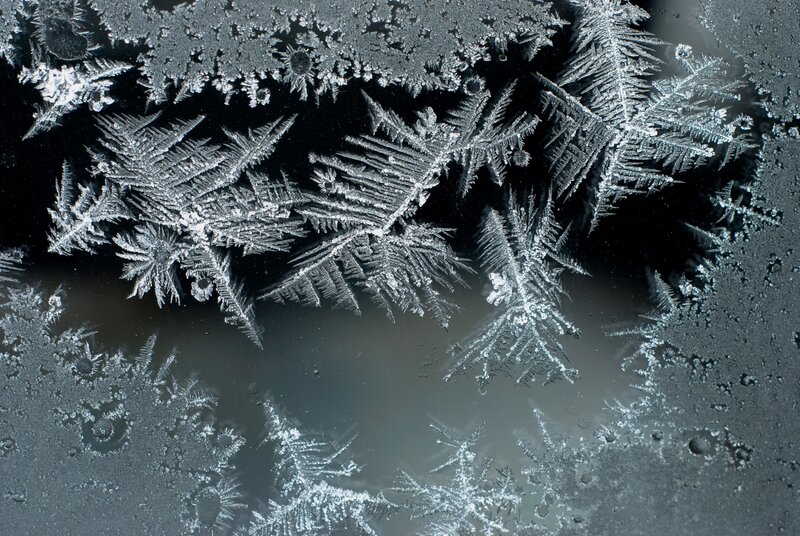 Frost Patterns on Glass — White, Cold, Winter, Photograph, Ice Crystals, Black, Gray