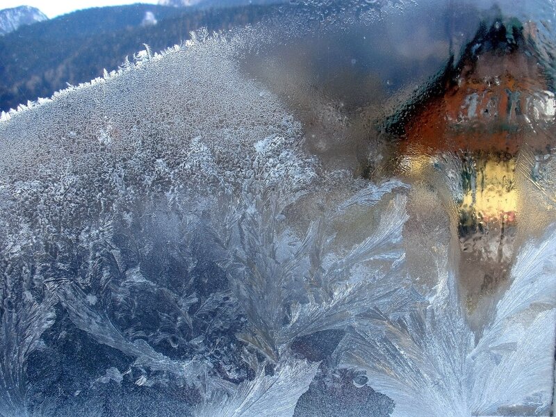 Frost Patterns on Glass — White, Cold, Winter, Photograph, Mountains