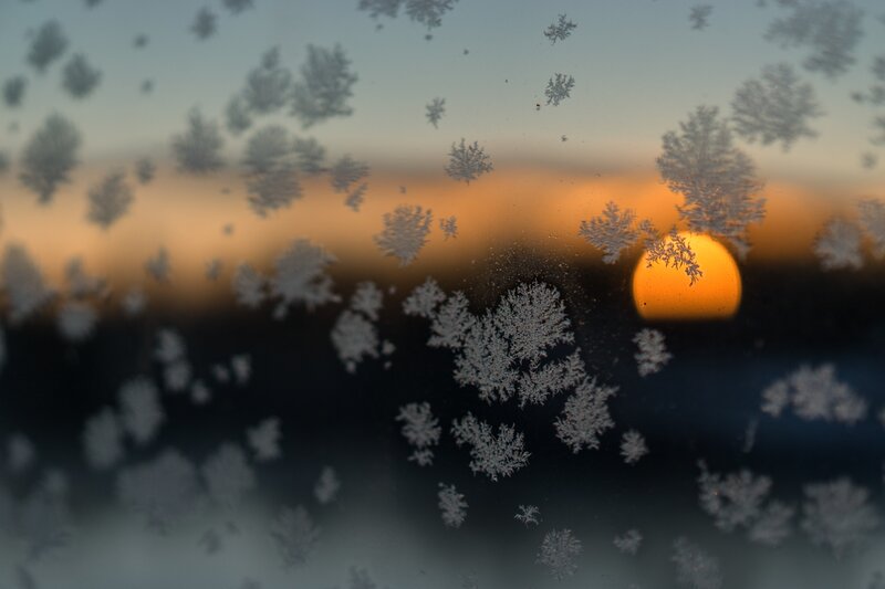 Frost Patterns on Window — Orange, Serene, Sunset, Photograph