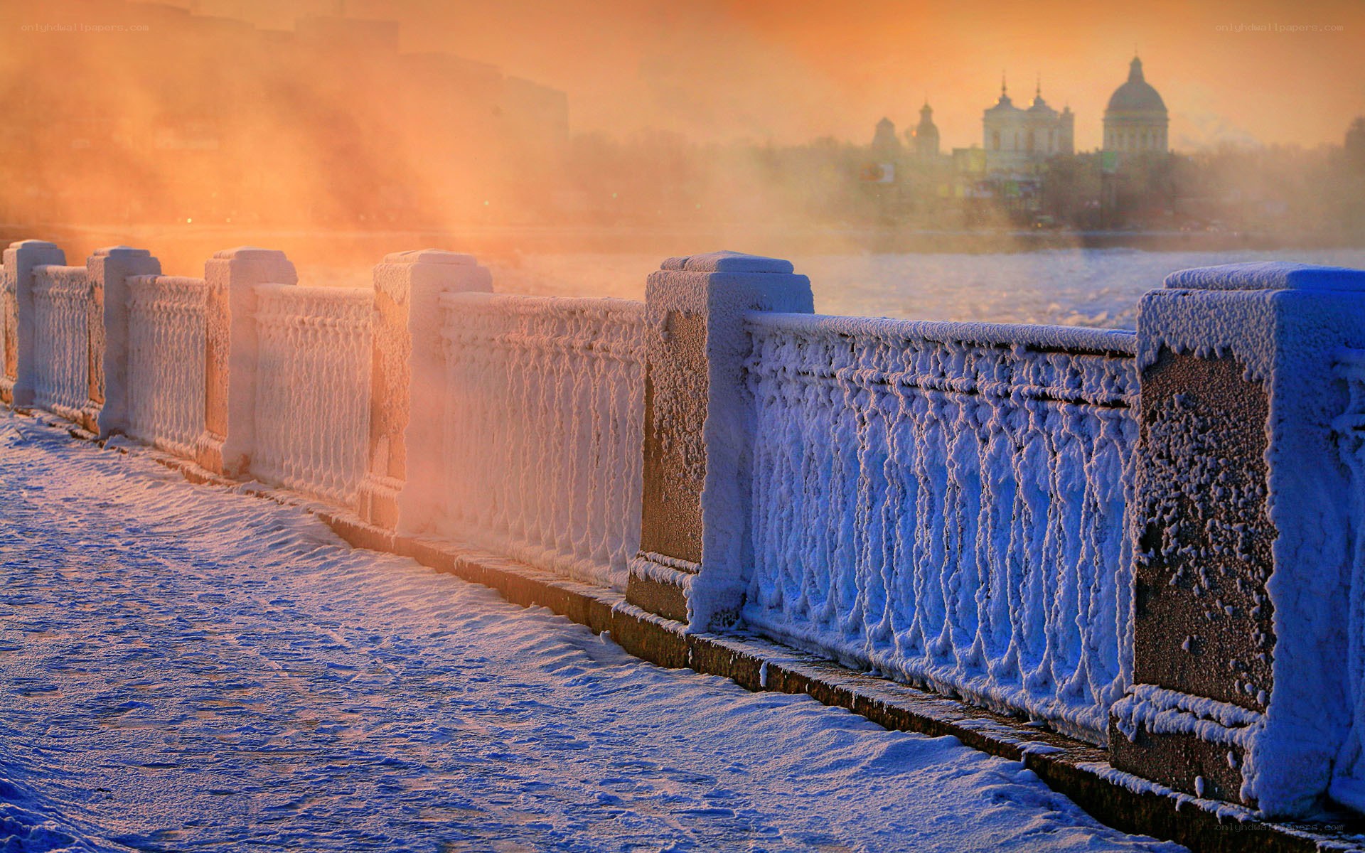 Frosty bridge at sunrise