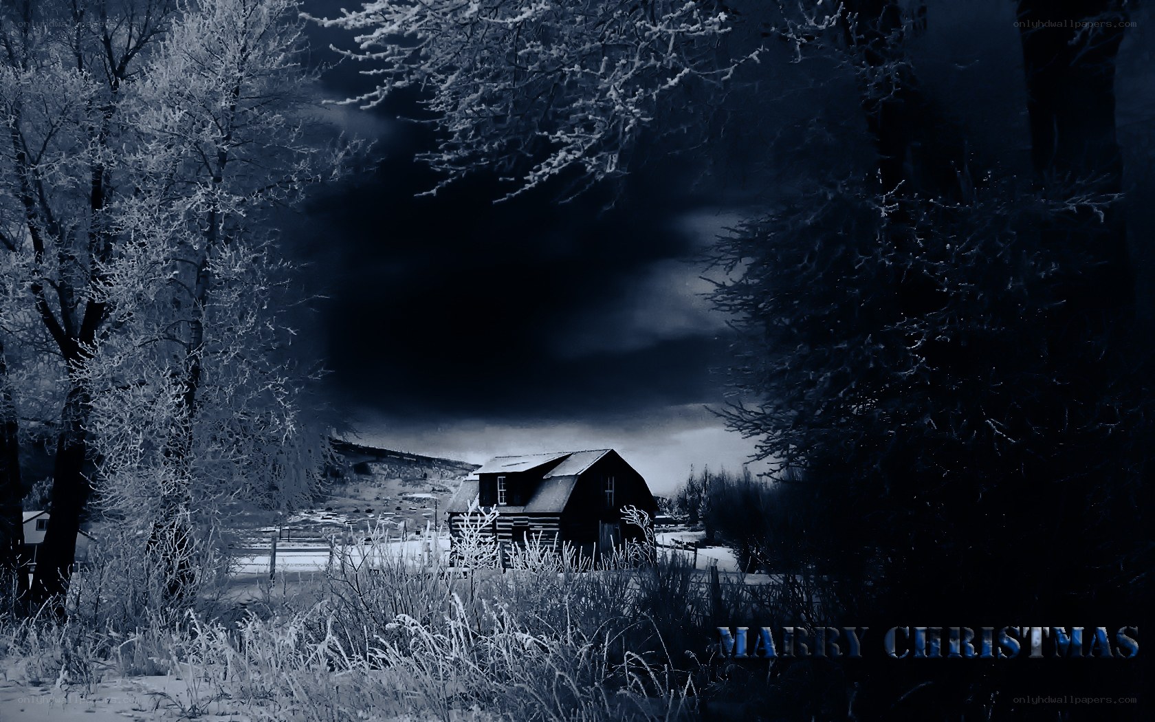 Frosty cabin at night