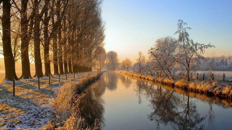 Frosty canal at sunrise