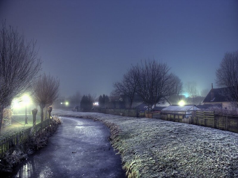 frosty canal path at night