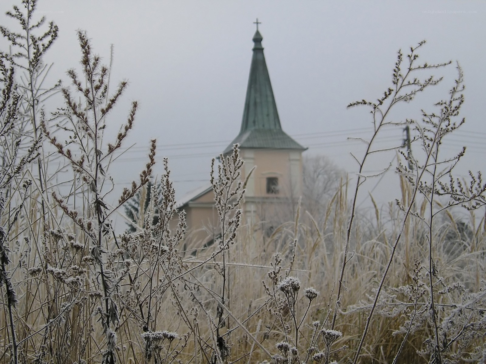 Frosty church in winter