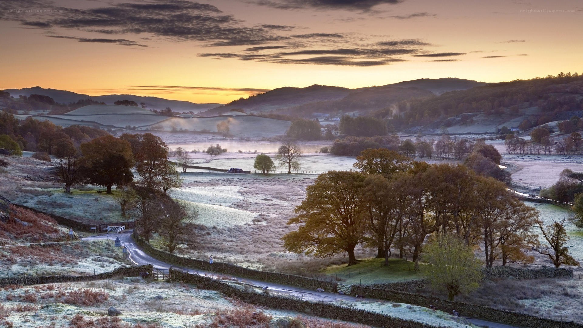 Frosty dawn over rolling hills