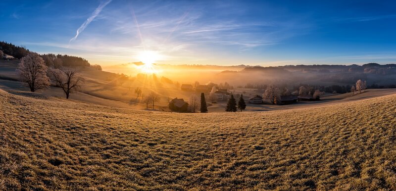 Frosty Field at Sunrise — Blue, Serene, Photograph, Hills