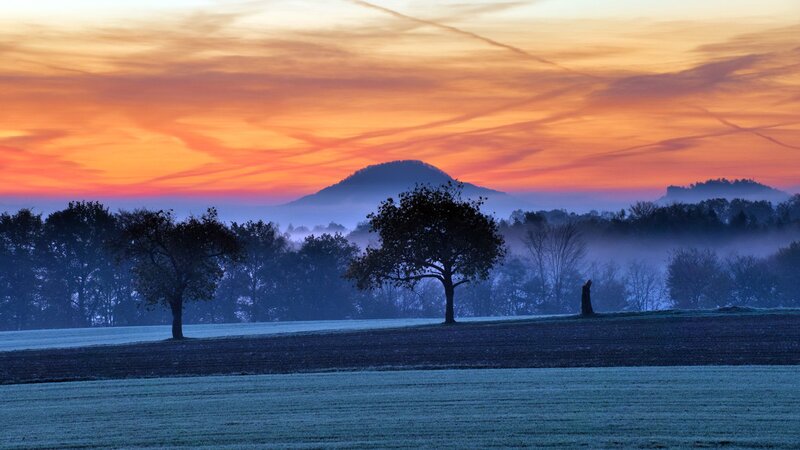 Frosty Field at Sunrise — Orange, Serene, Photograph, Trees, Mountain