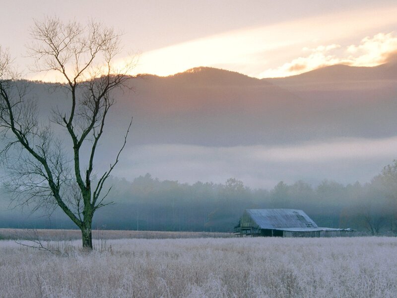 Frosty field with barn at dawn