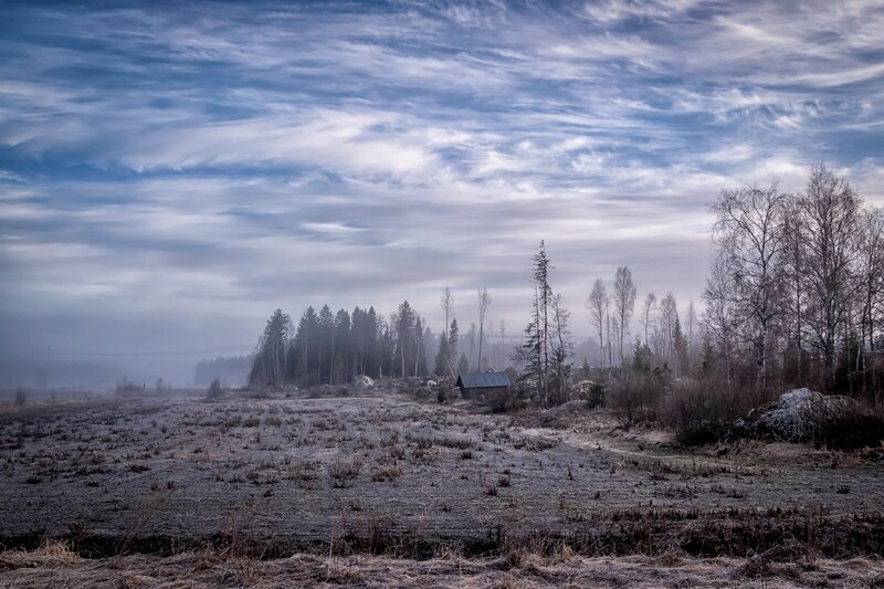 Frosty Field with Cabin — Blue