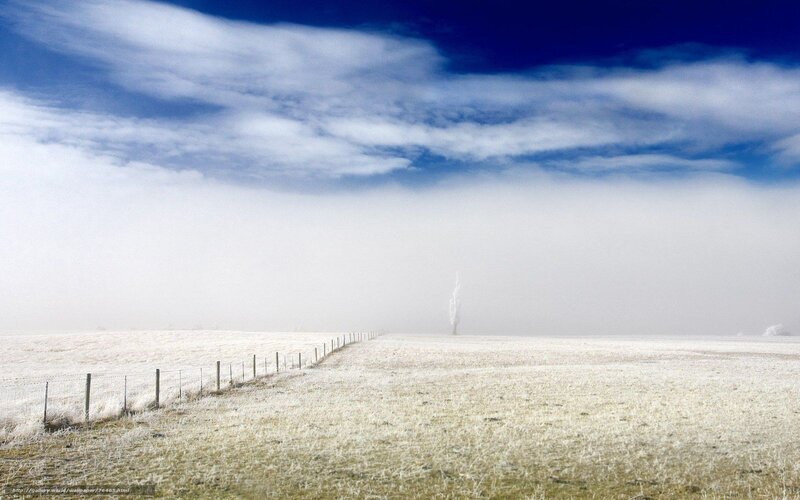 Frosty field with fog and blue sky