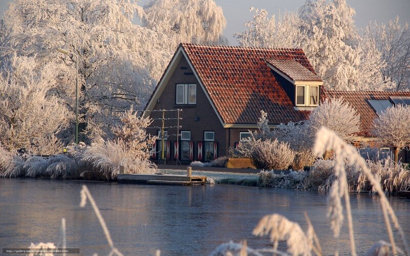 Frosty house by the water