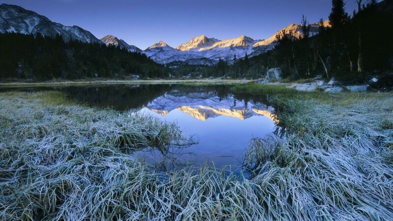 Frosty lake at sunrise