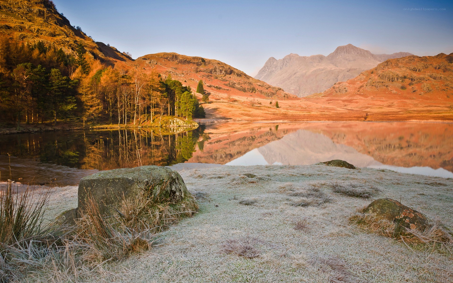 Frosty lake at sunrise
