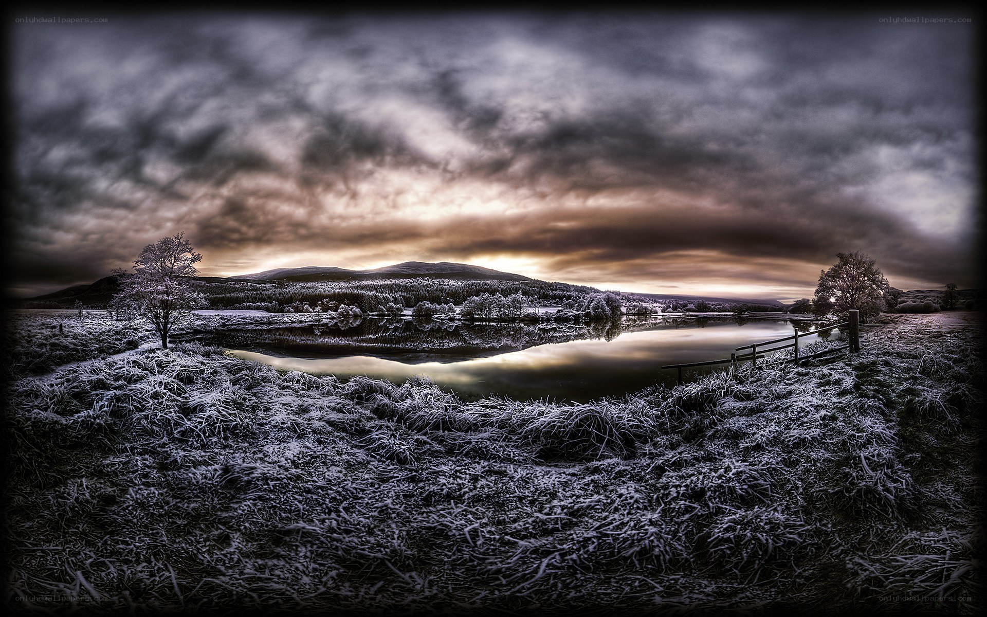 Frosty lake at sunset