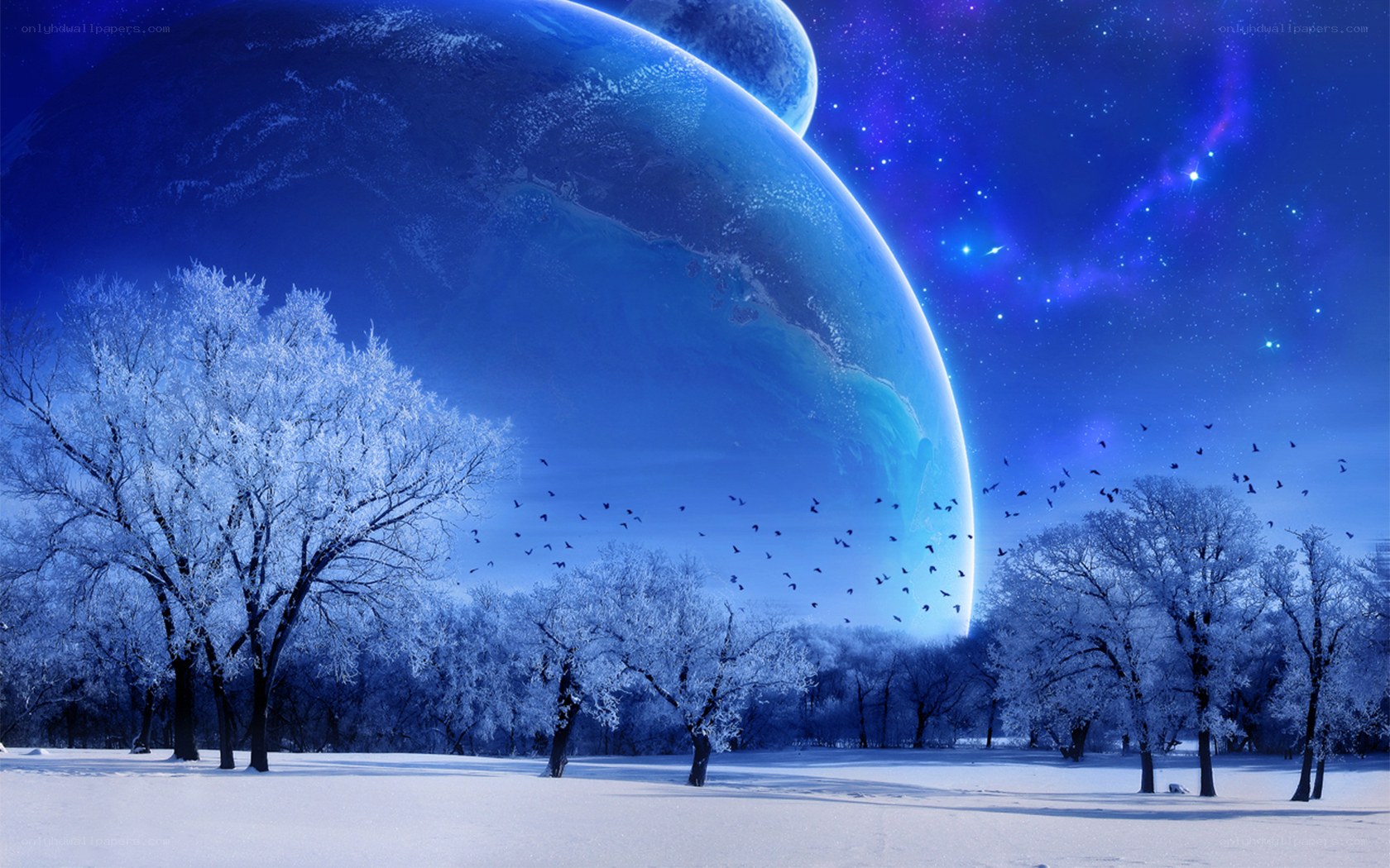 Frosty landscape with alien planet