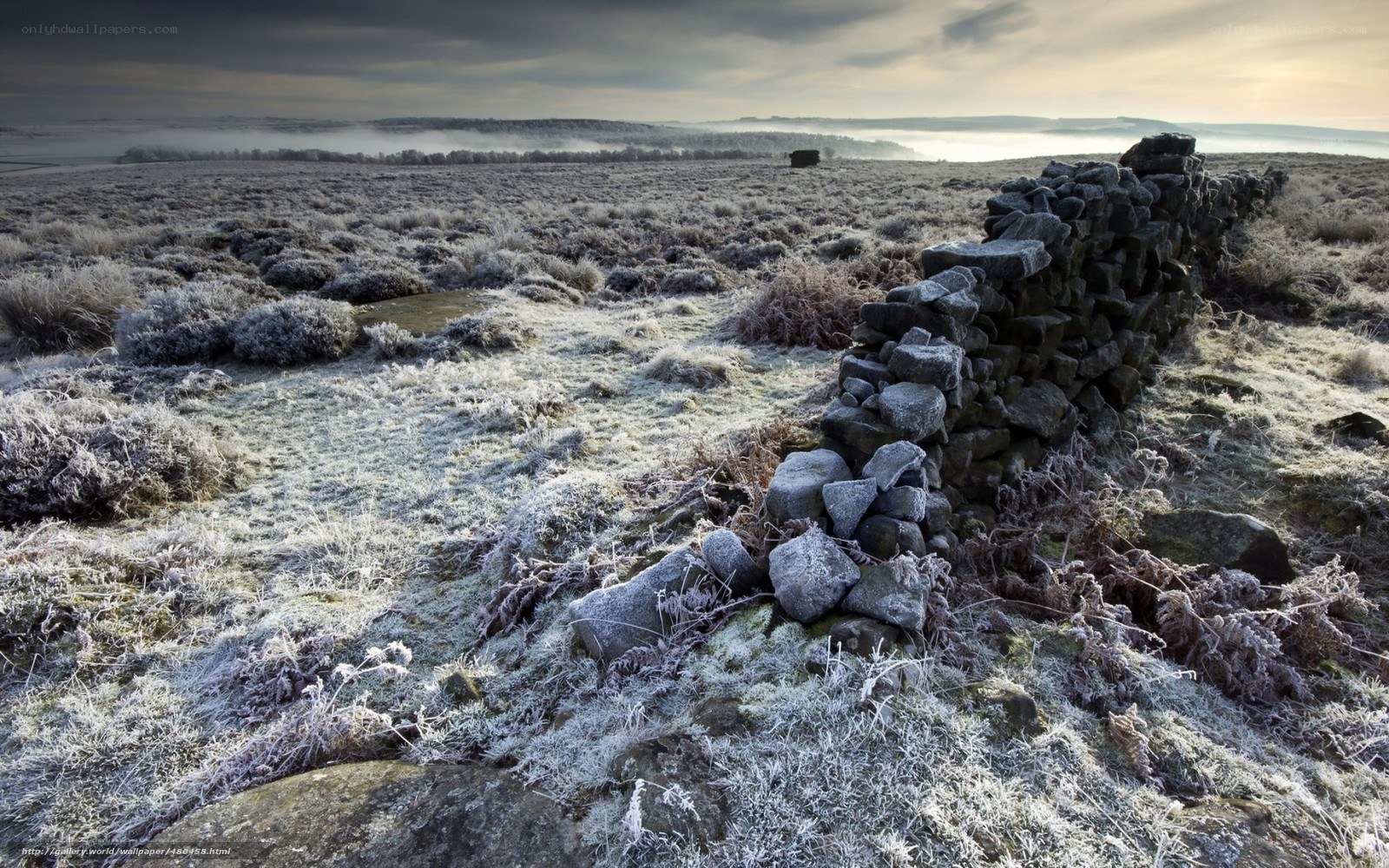 Frosty landscape with stone wall