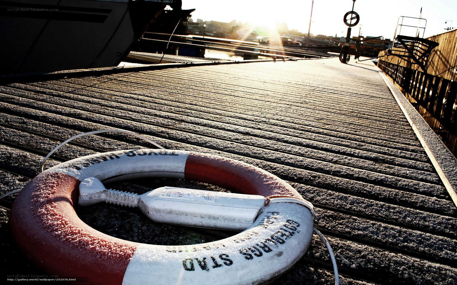 frosty lifebuoy on dock