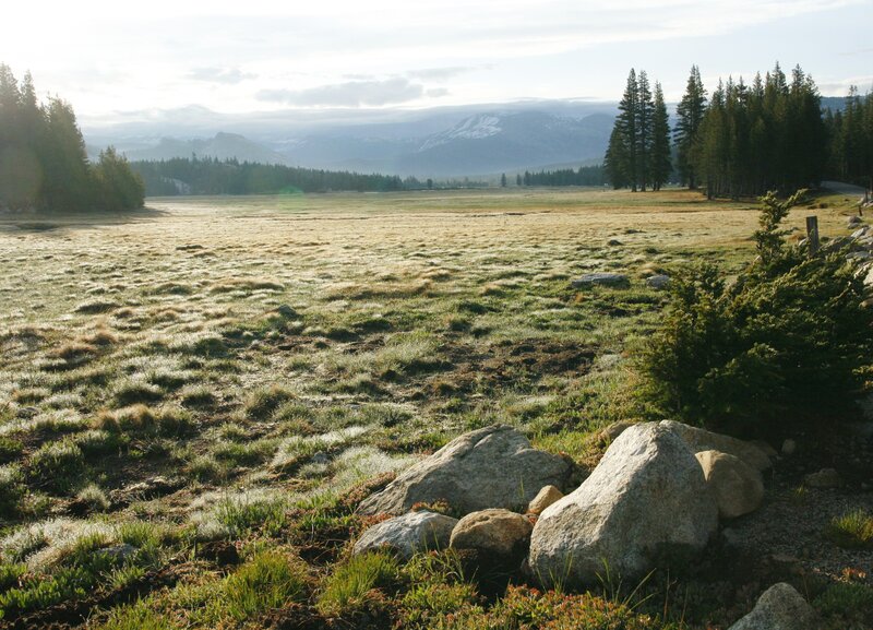 frosty meadow with mountains