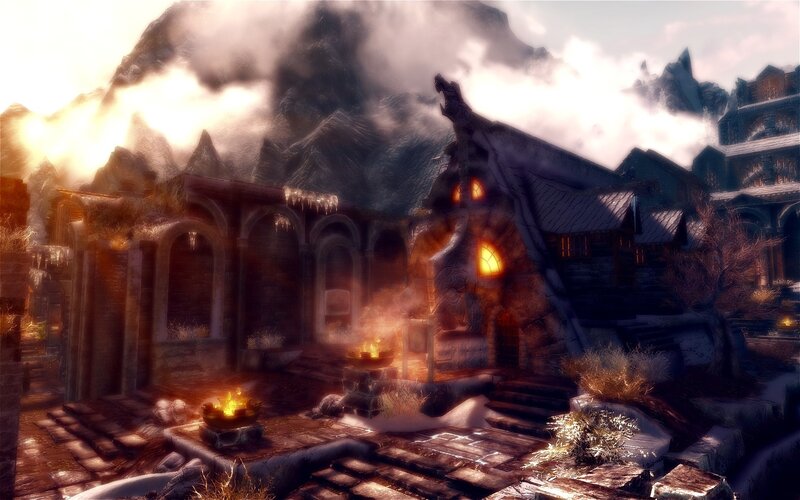 frosty mountain village scene