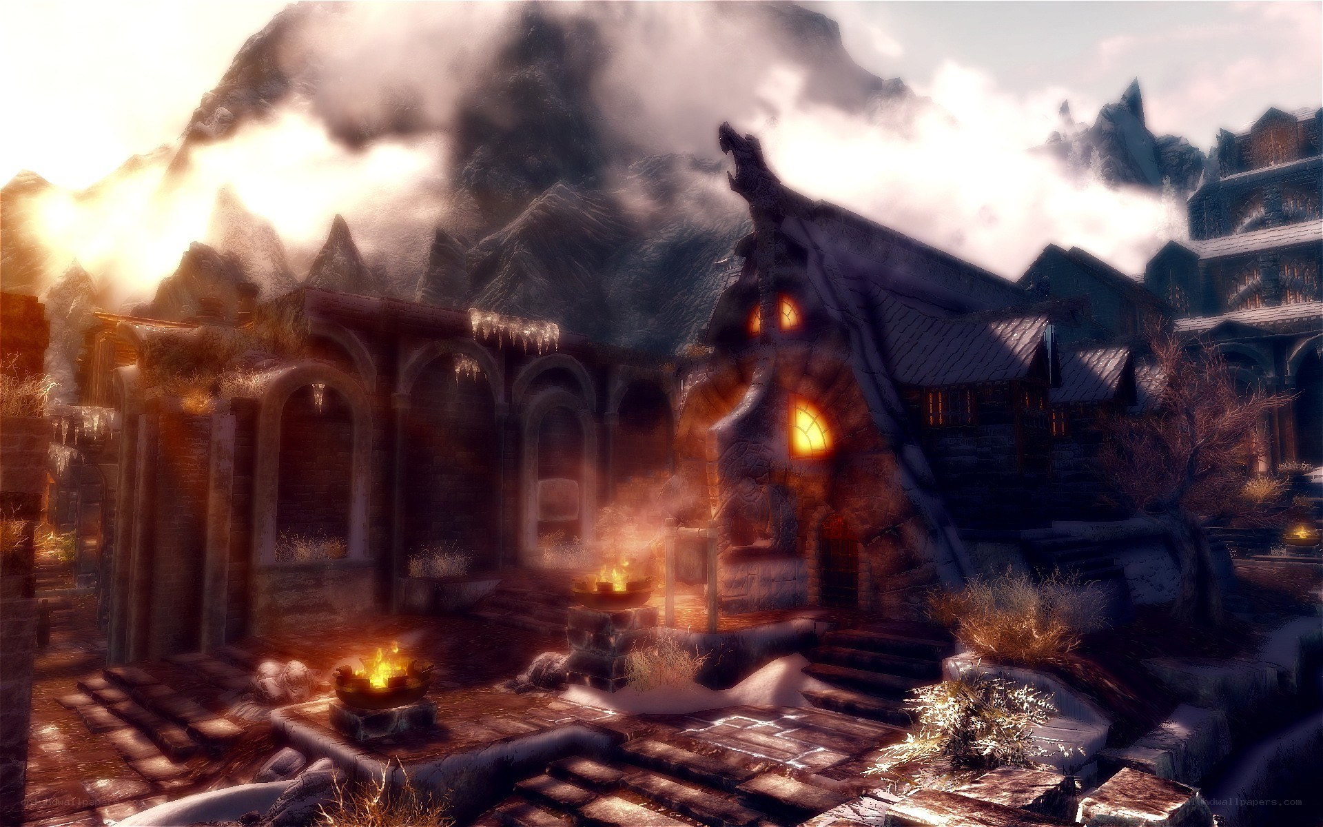 frosty mountain village scene