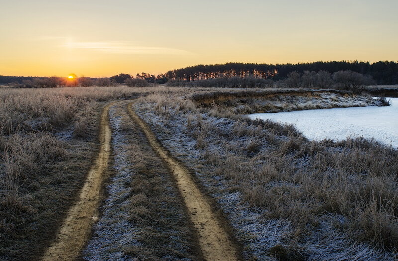 Frosty path at sunrise