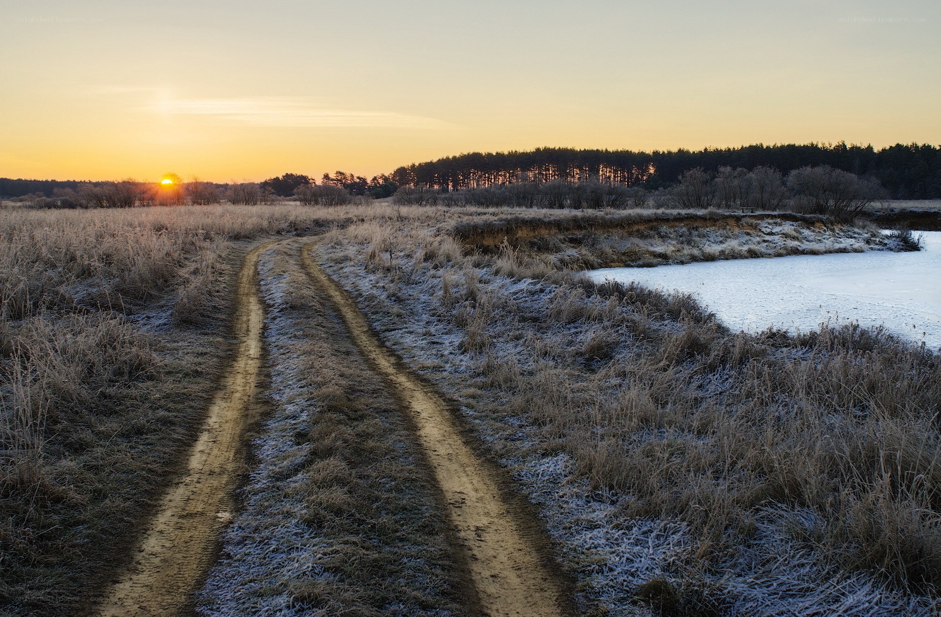 Frosty path at sunrise